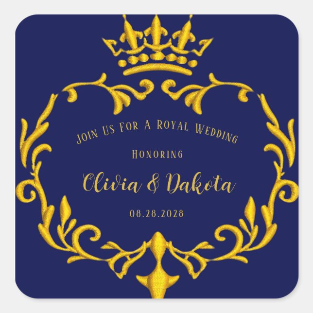 Blue and Gold Royal Crown Wedding Square Sticker (Front)