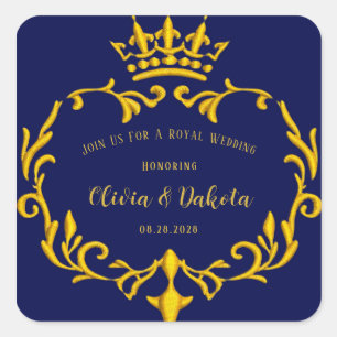 Blue and Gold Royal Crown Wedding Square Sticker