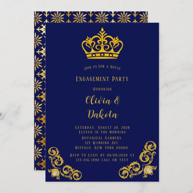 Blue and Gold Royal Wedding Engagement Party Invit Invitation (Front/Back)