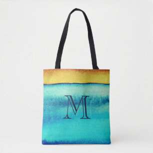 Blue and Gold Rustic Monogram Tote Bag
