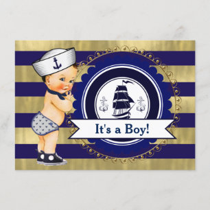 Blue and Gold Sailor Nautical Baby Shower Invitation