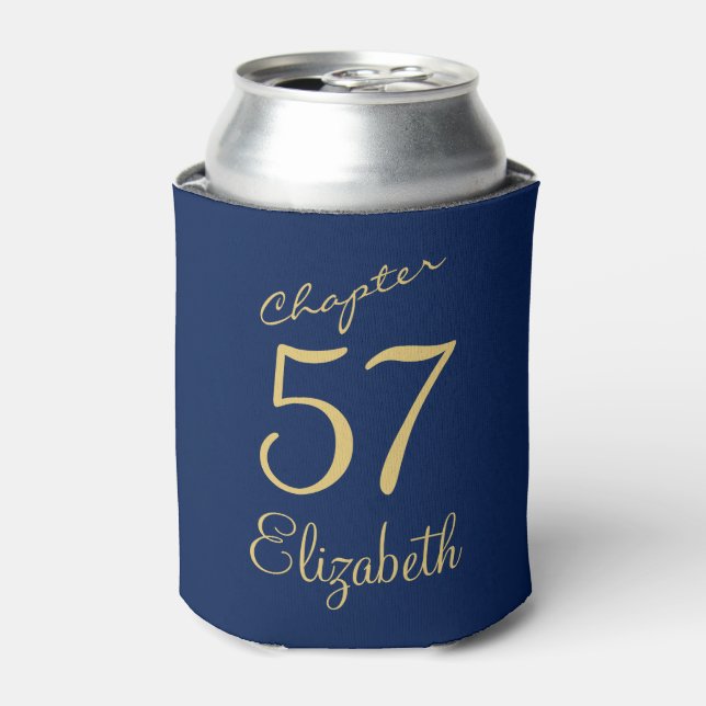 Blue and Gold Script Birthday Can Cooler (Can Front)