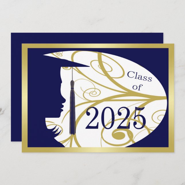 Blue and Gold Silhouette 2025 Graduation Party Invitation (Front/Back)