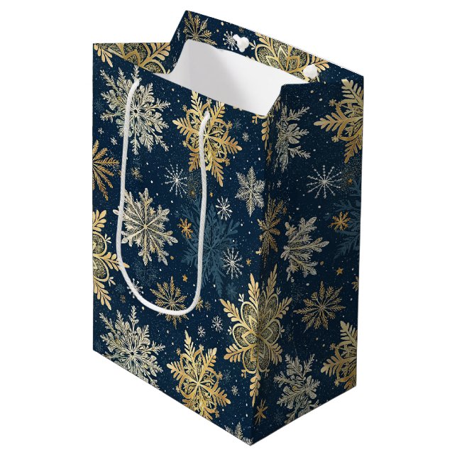 Blue and Gold Snowflake Christmas Medium Gift Bag (Front Angled)