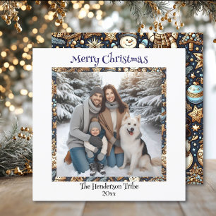 Blue and Gold Snowmen   Family Photo Christmas Holiday Card