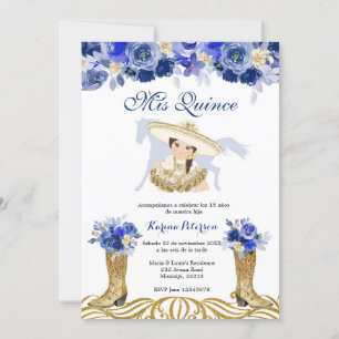 Blue and Gold Spanish Boot Charra Quinceanera Invitation