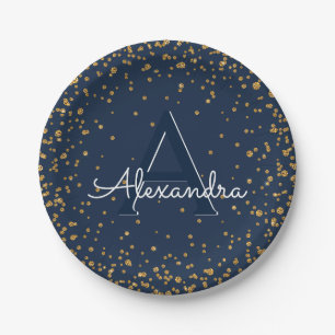 Blue and Gold Sparkle Confetti Monogram Birthday Paper Plate