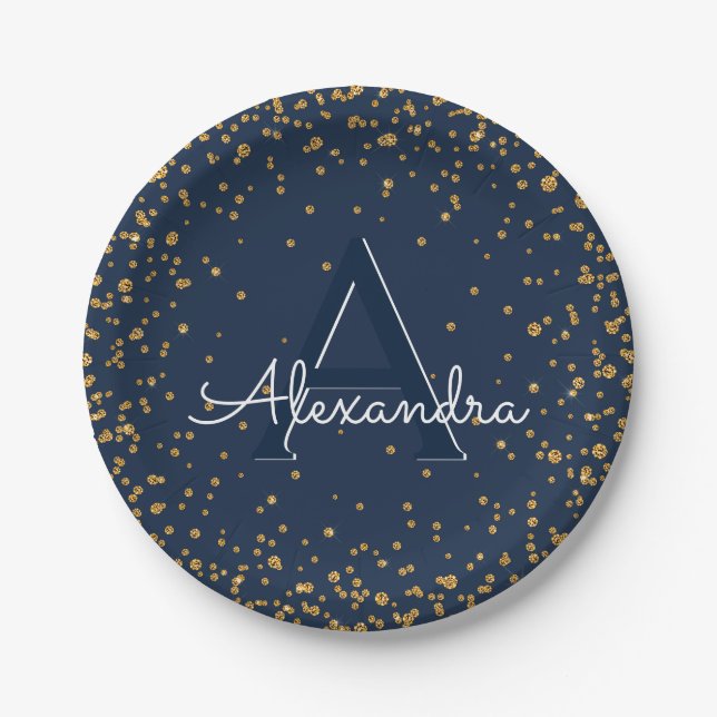 Blue and Gold Sparkle Confetti Monogram Birthday Paper Plate (Front)