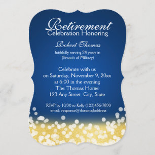 Blue and Gold Sparkle Lights Retirement Party Invitation