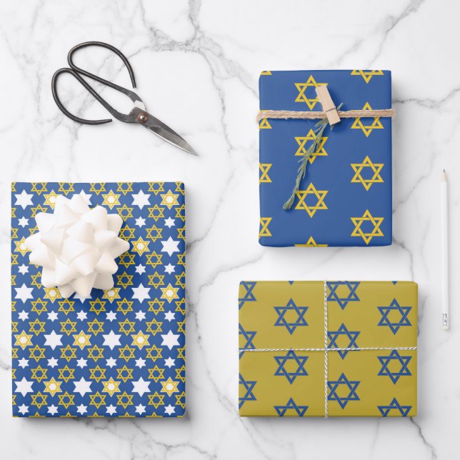 Blue and Gold Star of David Wrapping Paper Sheet (Front)
