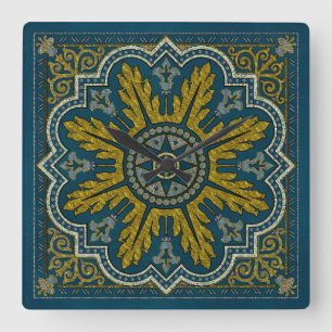 Blue and Gold Star Point Deco Square Wall Clock