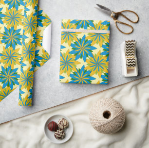 Blue and Gold Starburst Flowers Wrapping Paper