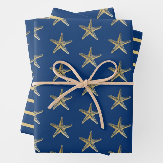 Blue and Gold Starfish Nautical Stripe Wrapping Paper Sheet (In situ)