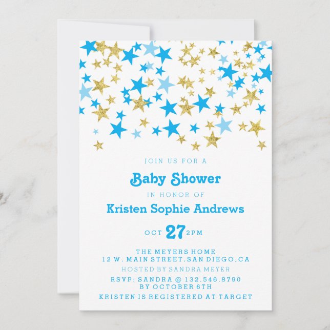 Blue and Gold Stars Baby Shower Sprinkle Invitation (Front)