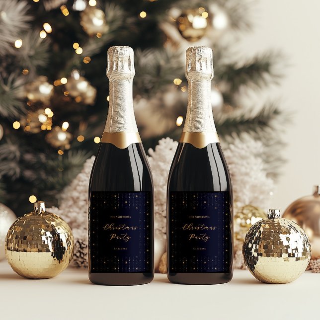 Blue And Gold Stars Christmas Party Wine Label (Creator Uploaded)