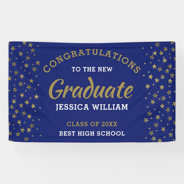Blue And Gold Stars Congrats Grad Graduation 2022 Banner (Horizontal)