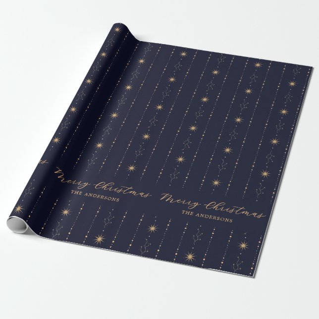 Blue And Gold Stars Merry Christmas Wrapping Paper (Unrolled)