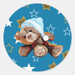 Blue and Gold Stars Teddy Bear Baby Shower Sticker