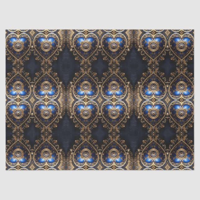 blue and gold steampunk hearts pattern tissue paper (Front)