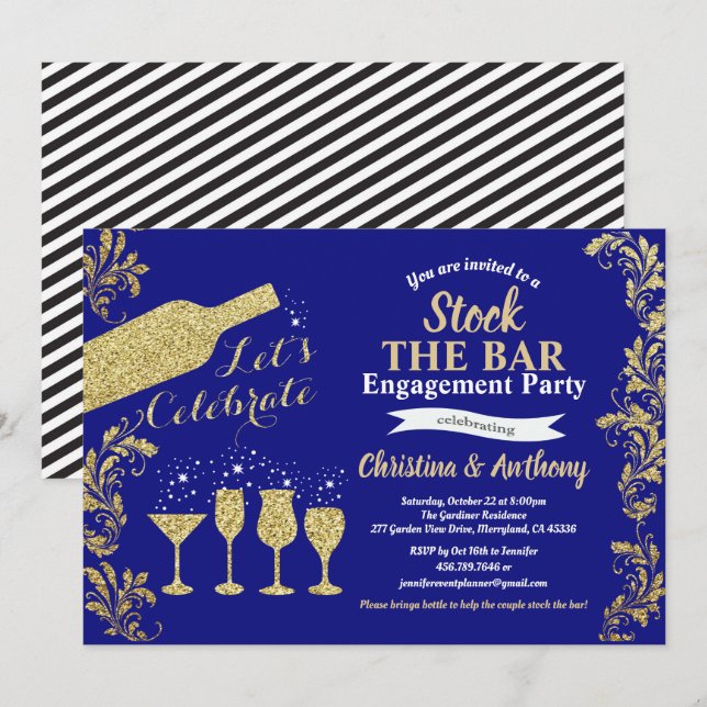 Blue and gold stock the bar engagement party invitation (Front/Back)