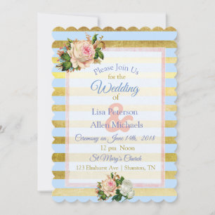 Blue and Gold Striped Floral Wedding Invitation