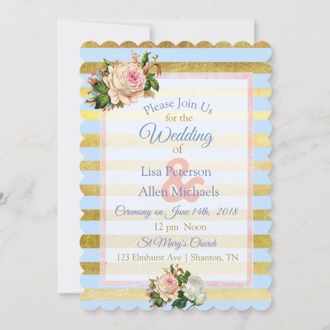 Blue and Gold Striped Floral Wedding Invitation (Front)