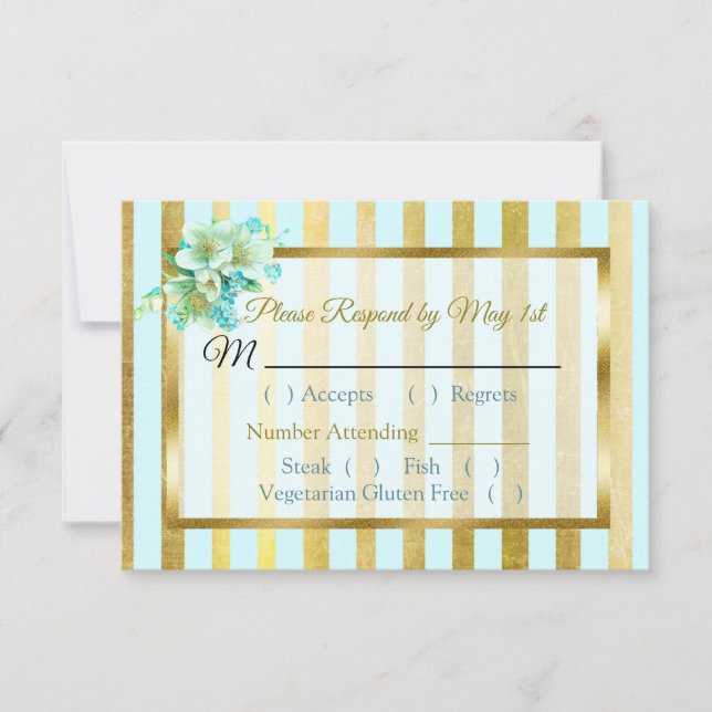 Blue and Gold Striped  Floral Wedding RSVP card (Front)