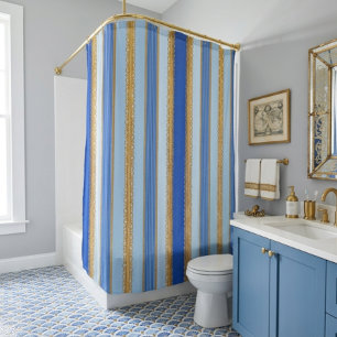 Blue and Gold Striped Shower Curtain