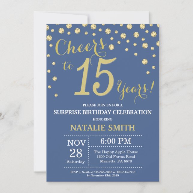 Blue and Gold Surprise 15th Birthday Diamond Invitation (Front)