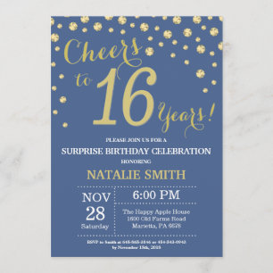 Blue and Gold Surprise 16th Birthday Diamond Invitation