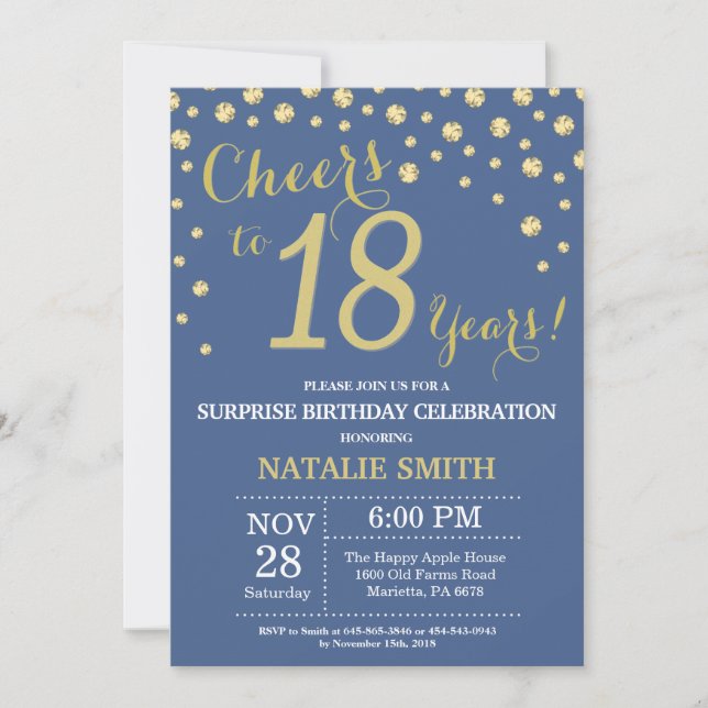 Blue and Gold Surprise 18th Birthday Diamond Invitation (Front)