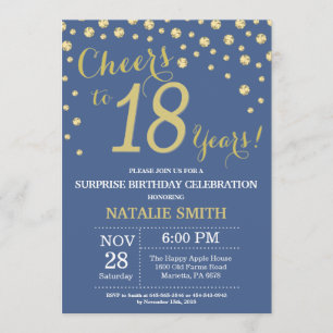 Blue and Gold Surprise 18th Birthday Diamond Invitation