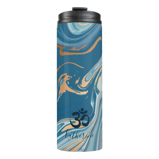 Blue and Gold Swirls and Ohm Symbol Thermal Tumbler (Front)