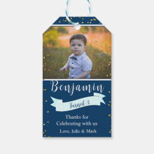 Blue and Gold Third Birthday Photo Gift Tags