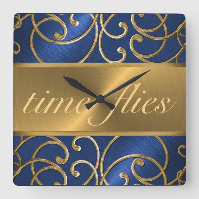 Blue and Gold Time Flies Clock (Front)