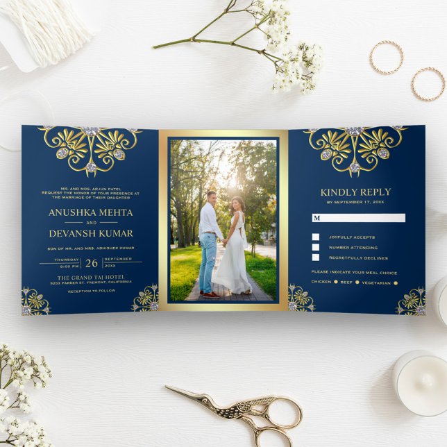 Blue and Gold Traditional Mandala Indian Wedding Tri-Fold Invitation (Creator Uploaded)