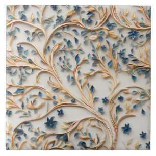 Blue and Gold Tree, Woodcarving Style Tile