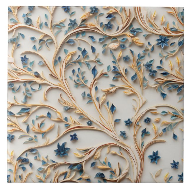 Blue and Gold Tree, Woodcarving Style Tile (Front)
