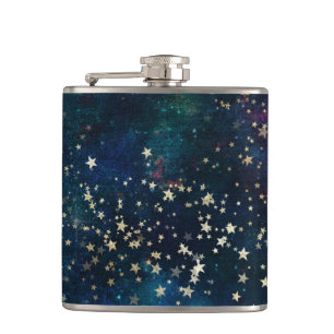 Blue and Gold Under the Stars Night Sky Hip Flask