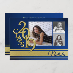 Blue and Gold Varsity 2019 Graduation Three Photo Invitation