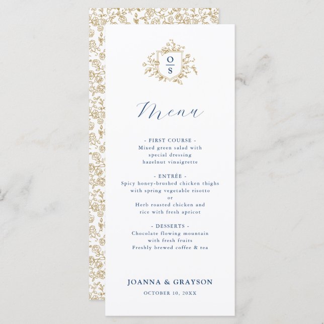 Blue and Gold Vintage Botanical Wedding Menu (Front/Back)