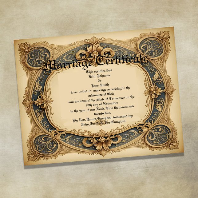 Blue and gold Vintage  Marriage Certificate Poster (Creator Uploaded)