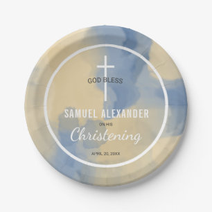Blue and Gold Watercolor Baby Boy Christening Paper Plate