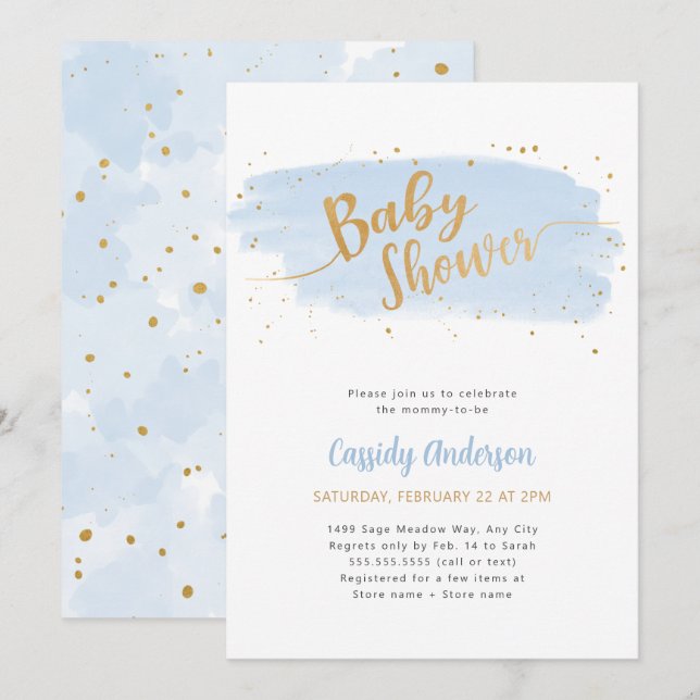 Blue and Gold Watercolor Baby Shower Invitation (Front/Back)