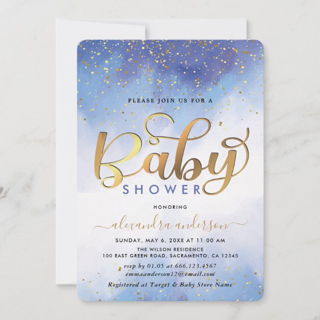 Blue And Gold Watercolor Boy Baby Shower Invitation (Front)