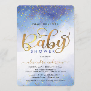 Blue And Gold Watercolor Boy Baby Shower Invitation
