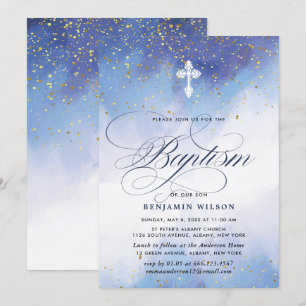 Blue And Gold Watercolor Boy Baptism Invitation