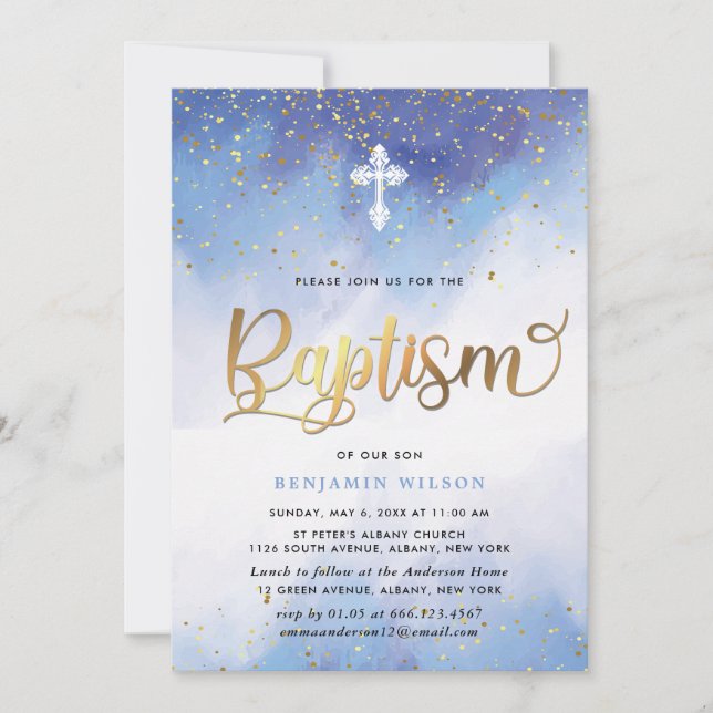 Blue And Gold Watercolor Boy Baptism Invitation (Front)