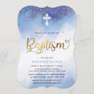Blue And Gold Watercolor Boy Baptism Invitation