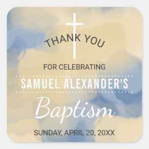 Blue and Gold Watercolor Boy Baptism Thank You Square Sticker